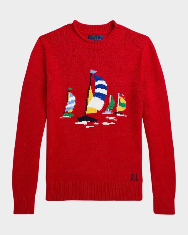 Boy's Sailboat Intarsia-Knit Sweater, Size S-XL